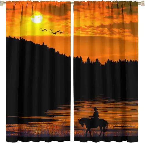 Vista 9 de Cortinas opacas de vaquero americano para sala de estar, atardecer occidental, rústico, vaquero, equitación, cortinas de ventana, aislamiento