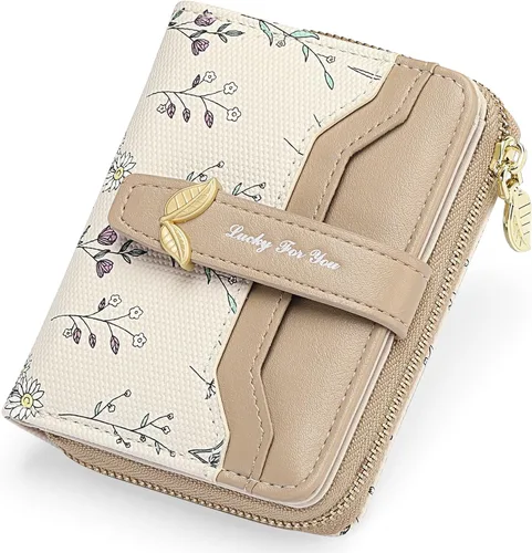 Vista 8 de GAEKEAO - Billetera pequeña para mujer con bloqueo RFID, de cuero vegano, plegable, con estampado floral, monedero con bolsillo con cremallera