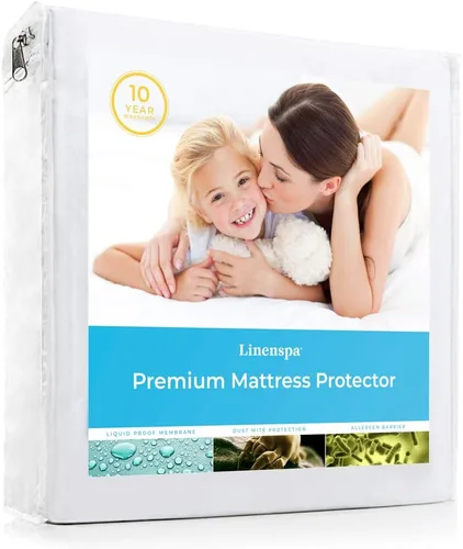 Vista 5 de Linenspa - Cubrecolchón de espuma viscoelástica con gel, de 2 pulgadas, tamaño Queen y protector de colchón impermeable suave de alta calidad, sin