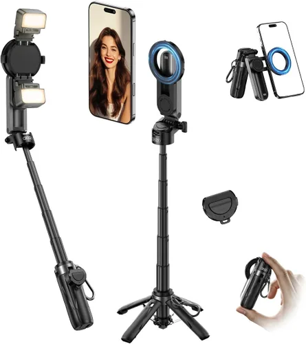 Vista 10 de Trípode magnético para iPhone con control remoto, palo selfie portátil 4 en 1 con soporte extensible, trípode de viaje para teléfono para iPhone 17