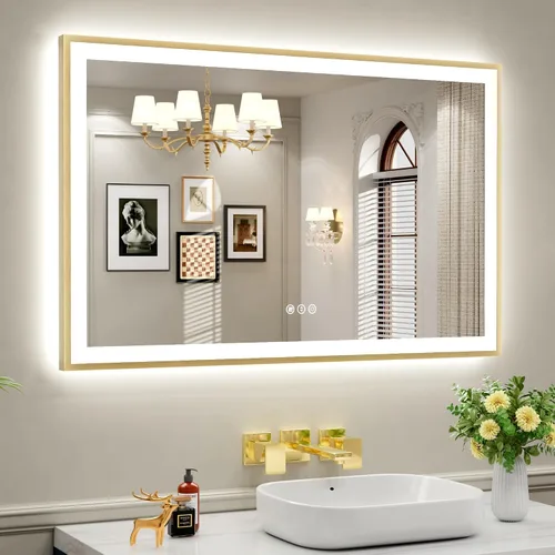 Vista 27 de Espejo de baño LED de 24x28 pulgadas con marco negro, espejos de baño retroiluminados y con luz frontal para pared, antiempañamiento, regulable