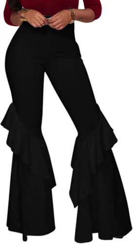 Vista 2 de GUOLEZEEV - Pantalones de cintura alta con volantes estilo flare para mujer, pierna ancha, color liso negro#1