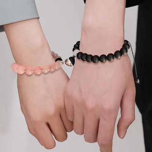 Vista 22 de 2 pulseras magnéticas para parejas, piedra natural negra mate, cristal para votos de amor eterno, juego de pulseras de cuentas de piedra de energía