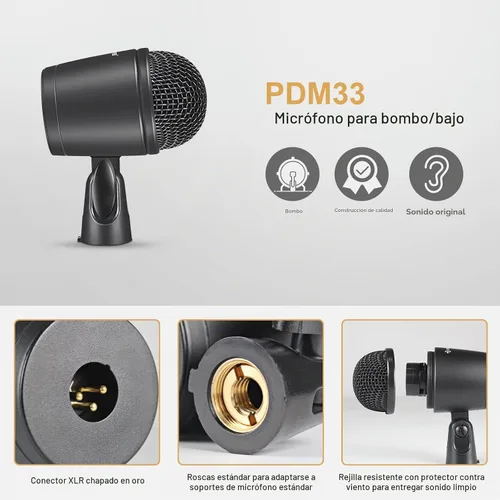 Vista 2 de Phenyx Pro Kit de micrófono de batería, juego de micrófono dinámico con cable de metal completo de 7 piezas para platillos bajos/tom/trampa/Hi-hat
