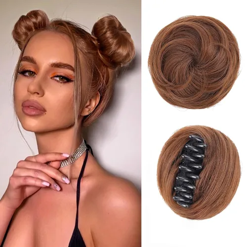 Vista 12 de Extensiones de moño espacial para mujer, 2 piezas de extensiones de moño de cabello falso natural, clip de garra, moño de pelo sintético