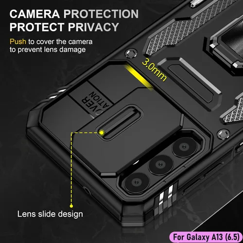 Vista 4 de Funda resistente para Samsung Galaxy A13 (5G), protector de parachoques de goma de doble capa de grado militar con protector de cámara deslizante
