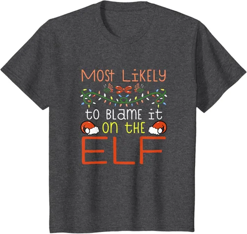 Vista 28 de Camiseta de Navidad familiar a juego con la frase "Most Likely To Blame It On The Elf" Negro