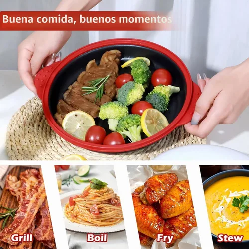 Vista 2 de Sartén parrilla para microondas con tapa de vidrio, parrillera y sartén crujiente para microondas para asar, freír, dorar y hacer crujiente