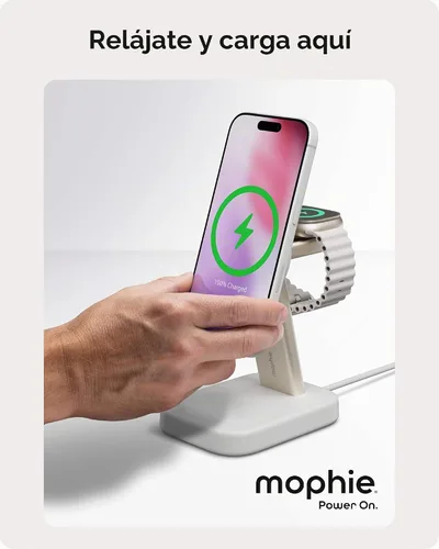 Vista 10 de Mophie Soporte de carga inalámbrico 2 en 1, certificado Qi2, cargador MagSafe para iPhone y Apple Watch, estación de carga rápida con soporte