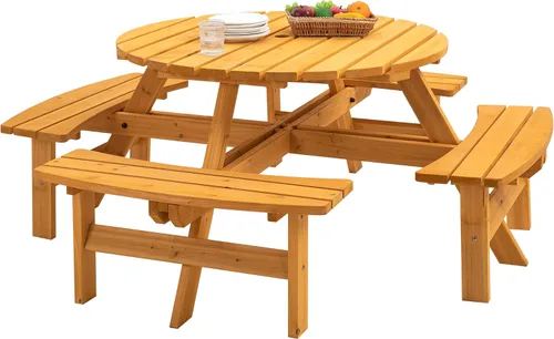 Vista 9 de Mesa de picnic de madera para 6 personas, mesa circular de picnic de madera para exteriores, mesa de comedor con 3 bancos, mesa exterior y banco 6