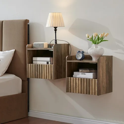 Vista 14 de BuildHom Moderna mesita de noche flotante acanalada montada en la pared, juego de 2 mesitas de noche con cajón de almacenamiento y estante