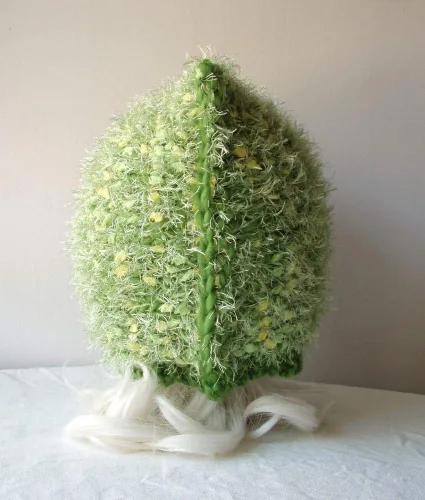 Vista 4 de Green Pixie Hat Fuzzy Wool Hand Knit Elf Hood Unique Handmade Womens Ladies Warm Winter Cap