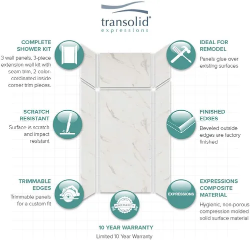 Vista 2 de Transolid EWKX363696-41 Expressions - Kit de pared de ducha de 6 paneles con extensión, 36 pulgadas de largo x 36 pulgadas de ancho x 96 pulgadas