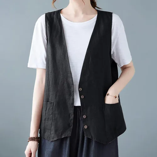 Vista 65 de COTECRAM Chaleco de lino de algodón para mujer, casual, sin mangas, con botones, ligero, para verano, holgado, ropa de abrigo
