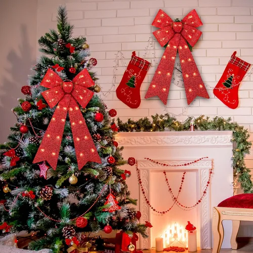 Vista 6 de 2 Piezas Lazos LED para Coronar Árbol de Navidad - 24"x12" Decoraciones Navideñas Grandes Preiluminadas Con Luces - Funciona con Pilas para Corona
