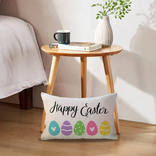 Vista 3 de Fundas de almohada lumbar con texto en inglés «Happy Easter Welcome Peeps», fundas de almohada coloridas de conejo de Pascua, huevos de Pascua