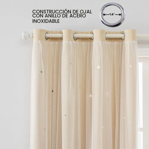 Vista 2 de FANLI 2 paneles de cortinas opacas de estrellas para dormitorio de niñas, sala de estar, rayas oscurecedoras, doble capa, estrellas caladas Beige
