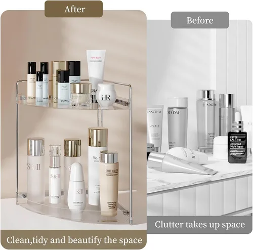 Vista 6 de Organizador de maquillaje de esquina de 2 niveles para tocador, organizador de encimera de baño acrílico, organizador de bandeja de perfume