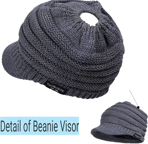 Vista 9 de FORBUSITE Gorro de punto cálido para mujer con diseño de cola de caballo para coleta, gorro B085