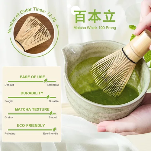 Vista 2 de Juego de 5 batidores de matcha, cuenco de matcha con boquilla, batidor de bambú 100% (Chasen), soporte, tamiz inoxidable, cuchara de té, kit