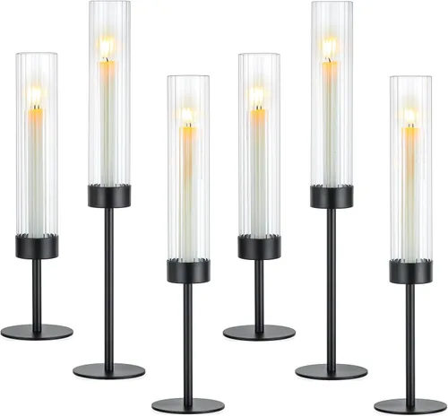 Vista 14 de Hewory Portavelas cónicos negros: juego de portavelas de 3 piezas de vidrio huracán alto para candelabros, portavelas para decoración de mesa