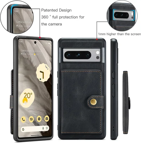 Vista 6 de Funda para Google Pixel 8 Pro 2023, cartera magnética desmontable con ranura para efectivo, soporte de carga inalámbrica con función de soporte Negro