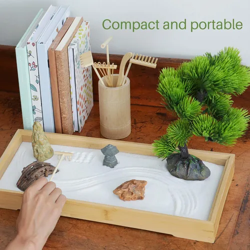 Vista 6 de ENSO - Jardín zen japonés para escritorio, extra grande de 16 x 8 pulgadas, mini jardín zen de escritorio con arena blanca, árbol bonsái artificial