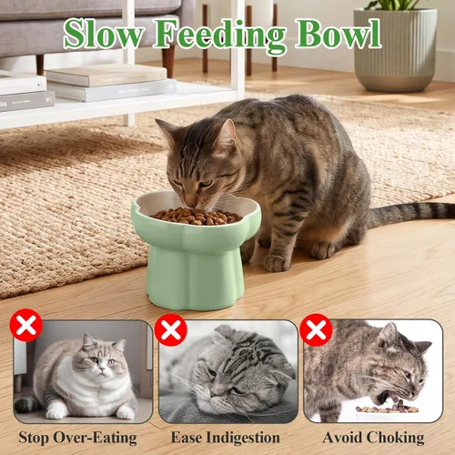 Vista 2 de Tiiyee Cuenco elevado de cerámica del gato del alimentador lento, plato