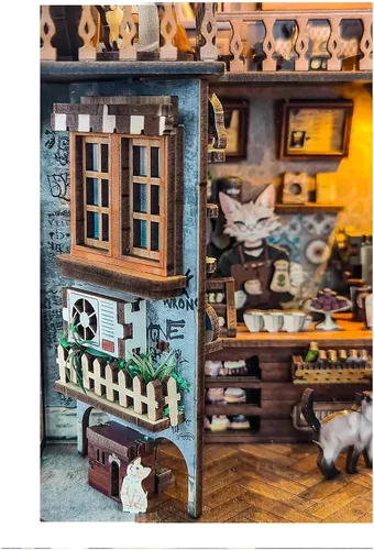 Vista 7 de Kit de rincón de lectura - Kit de casa de muñecas DIY en miniatura de madera con cubierta de polvo, estantería decorativa, rompecabezas 3D