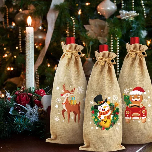 Vista 6 de CCINEE 10 piezas de bolsas de vino de arpillera - Fundas para botellas de yute - Bolsas de regalo navideñas reutilizables con cordón