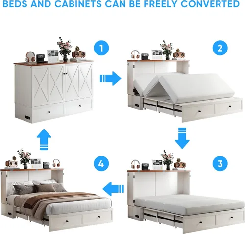 Vista 3 de PUREMIND Cama Murphy de tamaño completo con gabinete, marco de cama escondite multifuncional con cajones de almacenamiento, puertos de carga USB