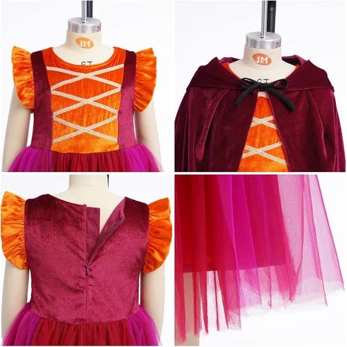 Vista 8 de FYMNSI Kids Girls Witch Costume Witch Sisters Dress Cape Cloak Wigs Halloween Cosplay Outfit Fancy Dress up Witch Dresses