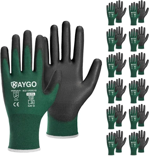 Vista 55 de KAYGO KG11PB - Guantes de trabajo de seguridad con revestimiento de poliuretano, 12 pares de guantes de punto sin costuras para hombres y mujeres