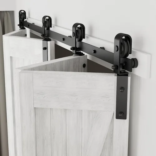 Vista 8 de CCJH - Kit de herrajes para puerta corredera plegable de granero de 30", para 2 puertas, se desliza suave y silenciosamente, riel negro