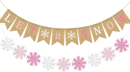Vista 8 de Doumeny Cartel de arpillera con texto en inglés "Let It Snow", guirnalda de copos de nieve de invierno, banderines de Navidad con texto en inglés
