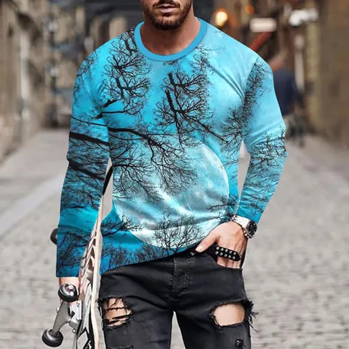 Vista 2 de Muscularfit Mens Shirts Long Sleeve Casual Landscape Print Graphic Tee Shirts Pullover Fitness Crewneck Sweatshirt Fashion