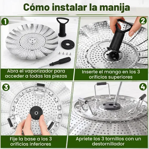 Vista 5 de Cesta de vapor para olla, cesta de vapor de verduras de acero inoxidable para cocinar con diseño plegable expandible y mango extensible, se adapta a