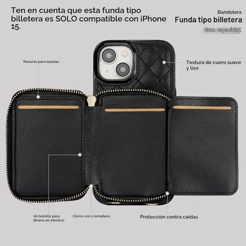 Vista 7 de Bocasal Funda tipo cartera con bandolera para iPhone 15, de cuero PU con bloqueo RFID, con cierre de cremallera, cartera tipo bolso con función Negro