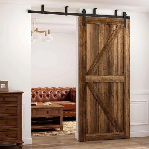 Vista 8 de CCJH Kit de herrajes para puerta corrediza de granero de 4 pies, sistema de soporte en forma de L de techo bajo para puerta de madera individual