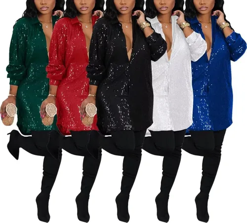Vista 4 de Vestidos brillantes de lentejuelas para mujer, de manga larga, con botones, casual, camisa, elegante, con purpurina, mini vestidos de club