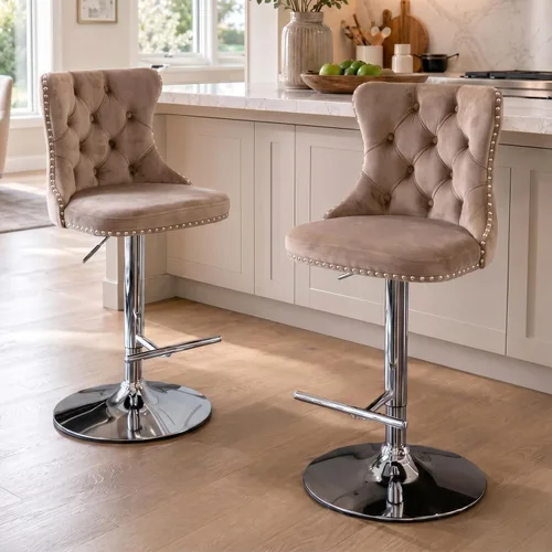 Vista 50 de SoarFlash Juego de 2 taburetes de bar tapizados de terciopelo moderno con patas de madera, botones acolchados, cabeza de clavo cromada, asiento
