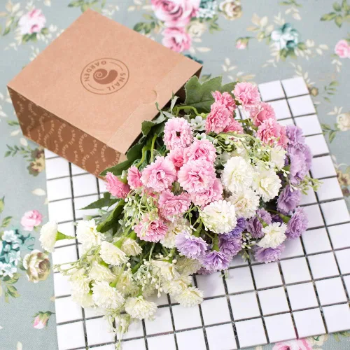 Vista 5 de SNAIL GARDEN 60Heads - Mini flores artificiales de clavel con bolsa de papel de estraza, 3 piezas de flores silvestres de caléndula de crisantemo