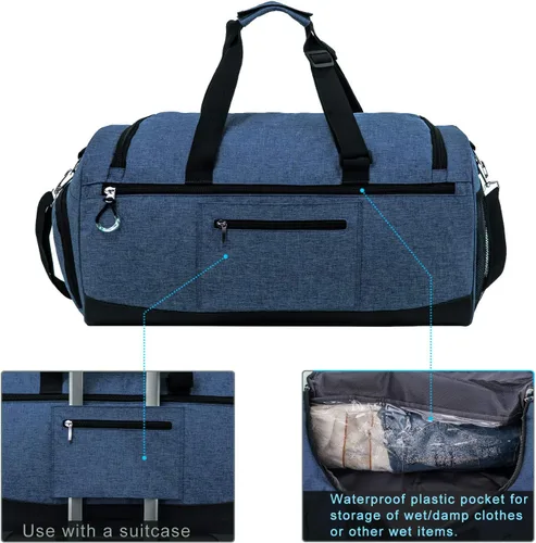 Vista 4 de Kuston Bolsa de gimnasio deportiva con compartimento para zapatos y bolsillo húmedo, bolsa de lona para gimnasio para hombres y mujeres, Azul