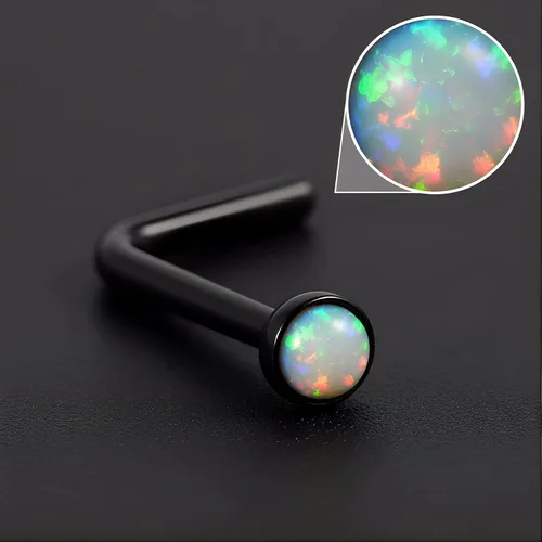 Vista 5 de Piercing para la nariz, calibre 22, relleno de oro de 14 quilates, simple en forma de L con ópalo blanco, pin de nariz de oro único, joyería Negro-L