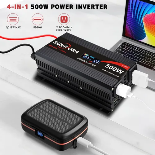 Vista 2 de Inversor de corriente para automóvil de 500 vatios, 12 V CC a 110 V/120 V, convertidor de CA de 1000 W pico con pantalla LCD, 2 salidas de CA y PD