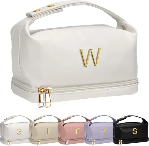 Vista 153 de Bolsa de maquillaje con asa, bolsa de cosméticos impermeable de doble capa, bolsas de maquillaje de cuero PU de gran capacidad con letra, bolsa