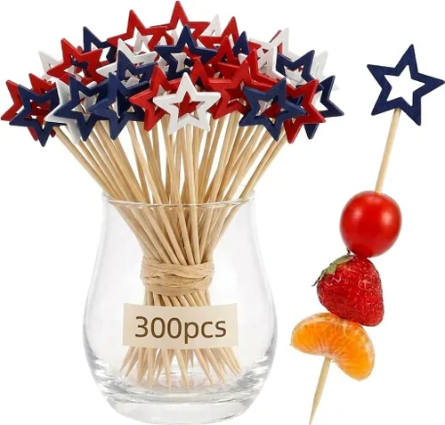 Vista 12 de 300 púas de cóctel de bandera estadounidense, brochetas de bambú de estrella de 4.7 pulgadas para aperitivos de frutas, suministros de fiesta