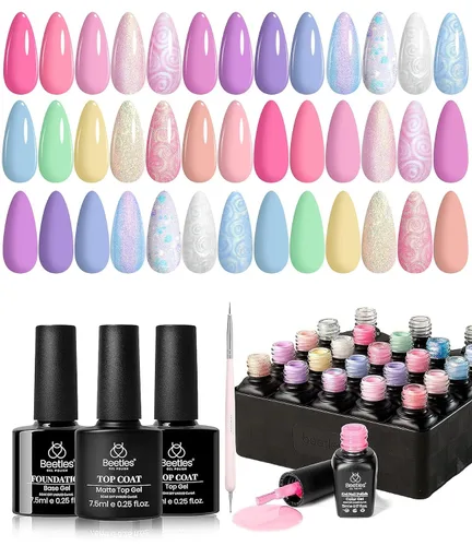 Vista 20 de Beetles - Kit de esmalte de uñas de gel con luz UV, 80 unidades, 55 colores Color Enchantment with Everything Base Top Coat Beginner Starter at