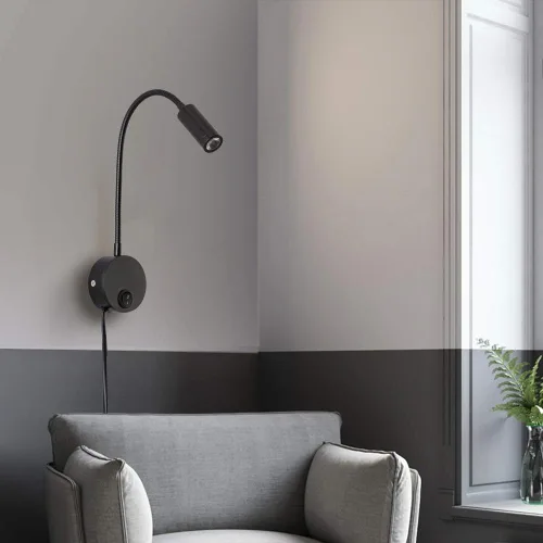 Vista 2 de Lámpara de luz de lectura montada en la pared LED 3W blanco cálido 3000K cable de enchufe negro acabado 1 pieza