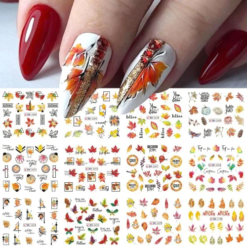 Vista 4 de 500 patrones de calcomanías de uñas de otoño para mujer, calcomanías de agua de dibujos animados, calabaza, hongo, hoja de arce, calcomanías
